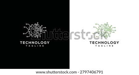 Modern Technology Logo with Gear and Circuitry on Black and White Backgrounds