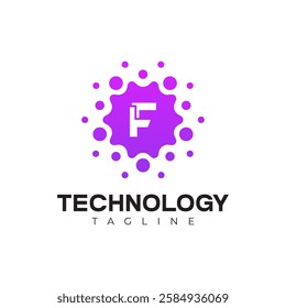 Modern Technology Logo - Letter F and Purple Digital Dots Vector Design