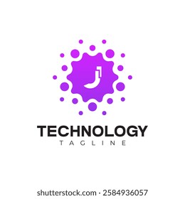 Modern Technology Logo - Letter J and Purple Digital Dots Vector Design