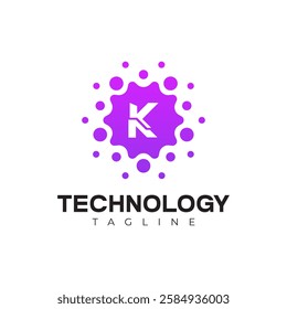 Modern Technology Logo - Letter K and Purple Digital Dots Vector Design