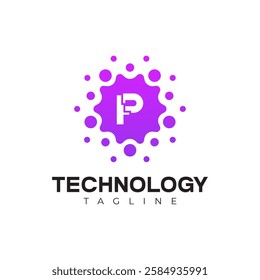 Modern Technology Logo - Letter P and Purple Digital Dots Vector Design