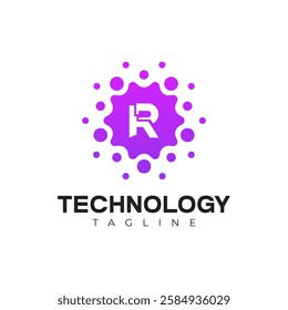 Modern Technology Logo - Letter R and Purple Digital Dots Vector Design