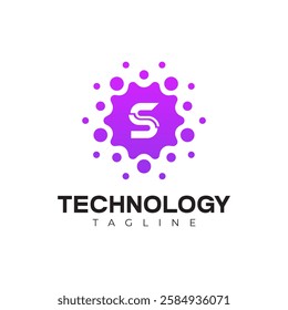 Modern Technology Logo - Letter S and Purple Digital Dots Vector Design