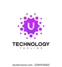 Modern Technology Logo - Letter U and Purple Digital Dots Vector Design