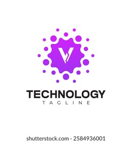 Modern Technology Logo - Letter V and Purple Digital Dots Vector Design