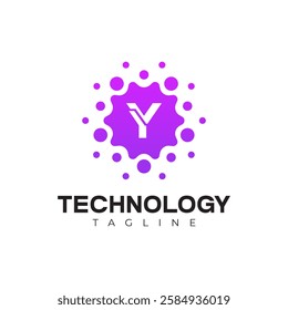 Modern Technology Logo - Letter Y and Purple Digital Dots Vector Design