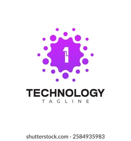 Modern Technology Logo - Number 1 and Purple Digital Dots Vector Design