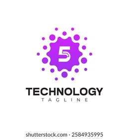 Modern Technology Logo - Number 5 and Purple Digital Dots Vector Design