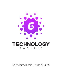 Modern Technology Logo - Number 6 and Purple Digital Dots Vector Design