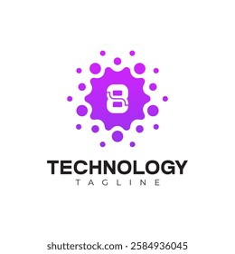 Modern Technology Logo - Number 8 and Purple Digital Dots Vector Design