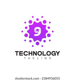 Modern Technology Logo - Number 9 and Purple Digital Dots Vector Design