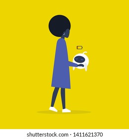 Modern technology. Low battery. Cute robot in a stand by mode. Charger. Flat editable vector illustration, clip art