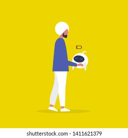 Modern technology. Low battery. Cute robot in a stand by mode. Charger. Flat editable vector illustration, clip art