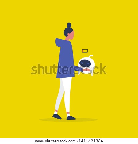 Modern technology. Low battery. Cute robot in a stand by mode. Charger. Flat editable vector illustration, clip art