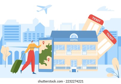 Modern technology mobile phone application booking service, tiny character traveler reserve ticket and hotel apartment flat vector illustration.