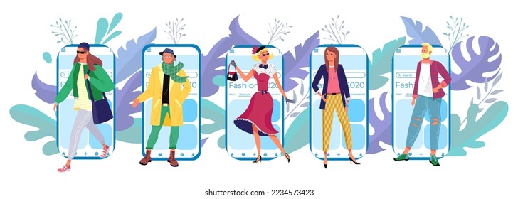 Modern technology mobile phone application, vogue tiny character, smartphone fashion app store flat vector illustration, isolated on white.