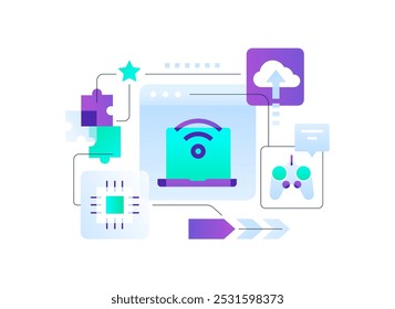 Moderne Technik und Vernetzung - flache Designgrafik auf weißem Hintergrund. Bilder von Laptops mit Internetverbindung, Wi-Fi, Cloud-Computing und -Upload, Spielekonsole und Chat, Website