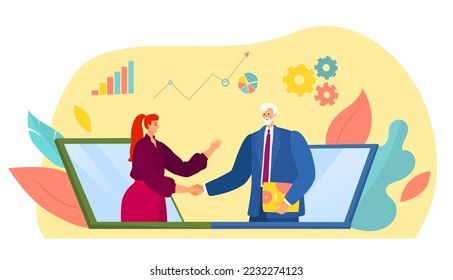 Modern technology online business, tiny businesswoman coach shake hand businessman flat vector illustration, isolated on white.