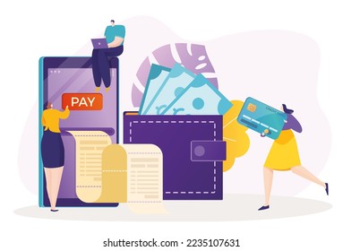 Modern technology online payment, tiny character use smartphone application internet purchase flat vector illustration, isolated on white.