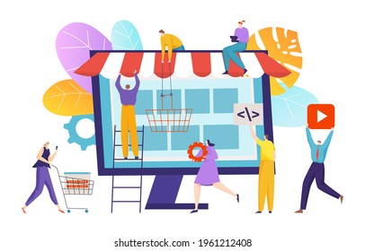 Tecnología moderna en la construcción de tiendas en línea, pequeño personaje de persona trabajan juntos en la tienda de Internet ilustración vectorial plana, aislado en blanco.