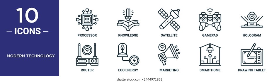 modern technology outline icon set includes thin line processor, knowledge, satellite, gamepad, hologram, router, eco energy icons for report, presentation, diagram, web design