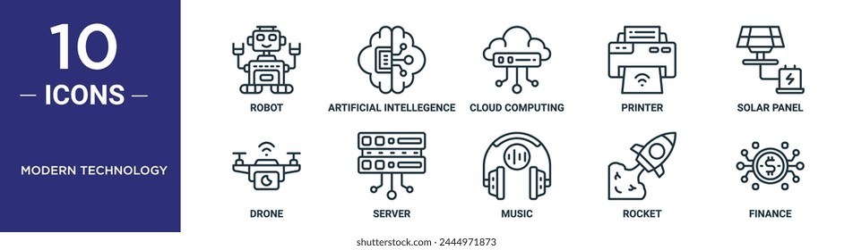 modern technology outline icon set includes thin line robot, artificial intellegence, cloud computing, printer, solar panel, drone, server icons for report, presentation, diagram, web design