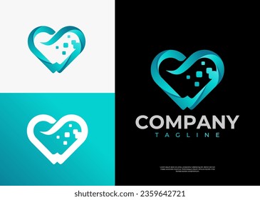 Modern technology pixel abstract dental tooth heart logo design
