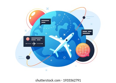 Modern technology plane flies around planet using points and messages box. Isolated concept fly vehicle with earth tourism, trip and journey. Vector illustration.