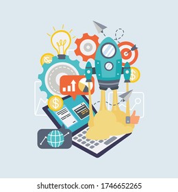 Modern technology and rocket symbol for startup vector illustration. Create new business project flat style. Spaceship launch. Creative idea concept. Isolated on blue background
