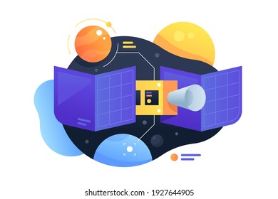 Moderne Technologie Satellit erforscht Himmelsobjekte im Weltraum. Satellite, die die Erde umkreisen, Planeten verfolgen und beschreiben Wissenschaft Icon Konzept Überwachung. Vektorgrafik.