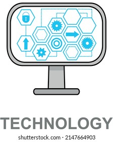Modern technology, social media, communication in global computer networks. Storage, transmission processing, protection and reproduction of information using computers, monitor with infographics icon