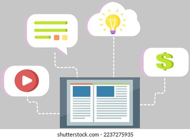 Modern technology, social media, communication in global computer networks. Mind map concept. Video player, sms message light bulb and reproduction of information, smartphone with infographics