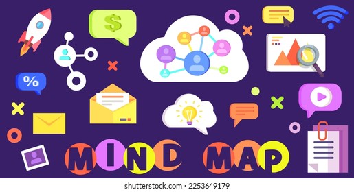 Modern technology, social media, communication in global computer networks. Mind map concept. Storage, protection and reproduction of information, laptop with infographics, comment reaction icons