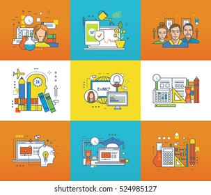 Modern technology, technical support and consultancy, investments, working in team, education, science, creativity, management and control icons set. Flat line icons for infographics design elements.