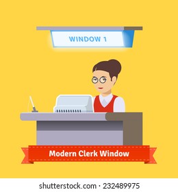 Modern technology teller window. Bank sales clerk woman in red jacket working with customers. Flat illustration. EPS 10 vector.