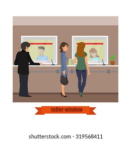 Modern Technology Teller Window. Bank Sales Clerks Working With Customers. Vector Illustration In A Flat Style.