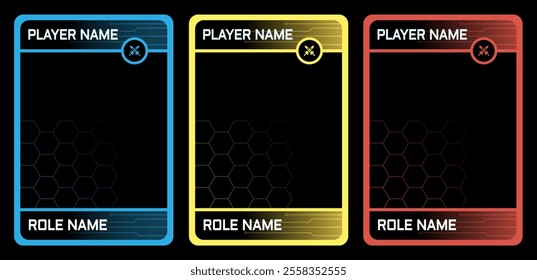 modern technology themed card game template with geometric patterns and three colors. card template, border template