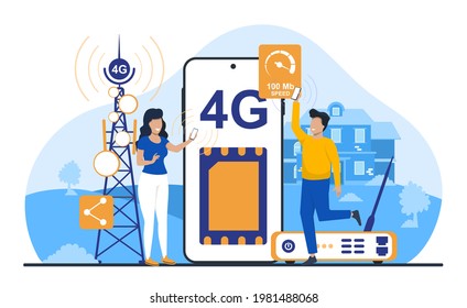 Modern technology in transferring cellular data. Mobile coverage. Happy new client purchase 4g device. Flat abstract metaphor cartoon vector concept design online banner isolated on white background
