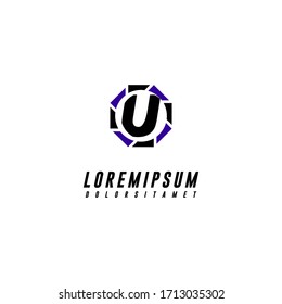 Modern technology U logotype in black and blue color design concept