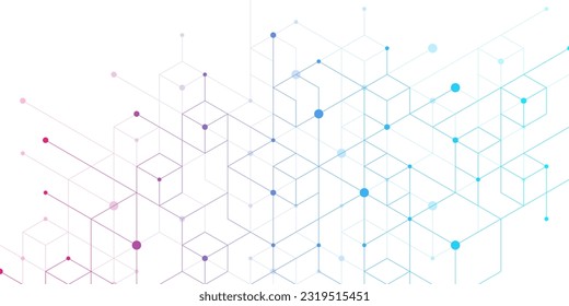 Modern technology vector illustration with square grid. Technology banner template cubes texture. Digital geometric abstraction with lines and dots