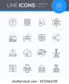 Modern technology - vector line design style icons set. Remote control, charging, wifi, internet, server, share sign, printer, camera, speakers, cloud storage, TV tower, plug