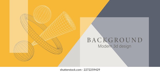 Modern technology yellow and gray background with grid wireframe 3d shapes. Vector illustration science algorithms. Geometric design concept minimalistic banner.