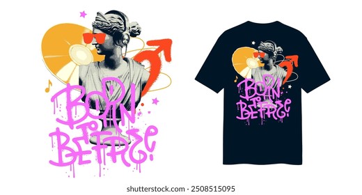 Impresión moderna de la camiseta de la estatua antigua con efecto de semitono punteado. Graffiti de música Urbana para streetwear, estampado para camisetas y sudaderas aisladas. Ilustración vectorial con letras Born to be free.