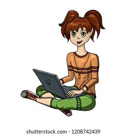 Modern teen girl with two tails sitting with her laptop. Communication on the Internet, online games or distance learning. Vector illustration in cartoon style.