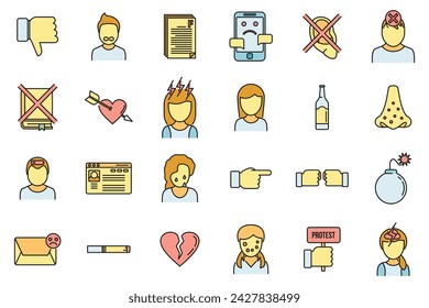 Modern teen problems icons set. Outline set of Modern teen problems vector icons thin line color flat on white