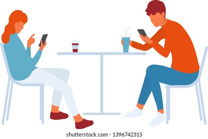 Modern teenage friends or couple using smartphones and getting distracted from real communication by social media. Young people sitting together. Vector flat characters isolated on white background