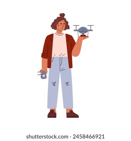 Modern teenager with a drone. Vector illustration capturing the essence of young tech enthusiasts with trendy attire and a quadcopter.