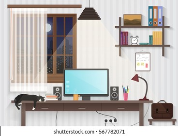 Modern teenager guy room with workplace. Male man desktop workplace computer in the modern office or home