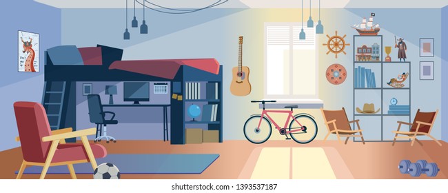 Modern teenager room interior design with trendy workspace for homework: table, chair, lamp, computer, books and bunk bed and guitar, Bicycle, dumbbells. Flat, cartoon style vector illustration.