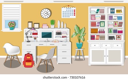 Modern teenager room interior design with comfortable workplace. Stylish furniture - table, chairs, bookcase, lamps, computer, books and window. Flat style vector illustration.